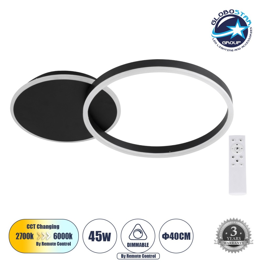 GLOBOSTAR® VENOM 61117 Μοντέρνο Φωτιστικό Οροφής LED 45W 5445lm 360° AC 220-240V IP20 Ρυθμιζόμενο Λευκό CCT με Χειριστήριο από 2700K έως 6000K Dimmable - Lumileds SMD Chip - Μαύρο Ματ - Μ60 x Π40 x Υ7.5cm - 3 Χρόνια Εγγύηση